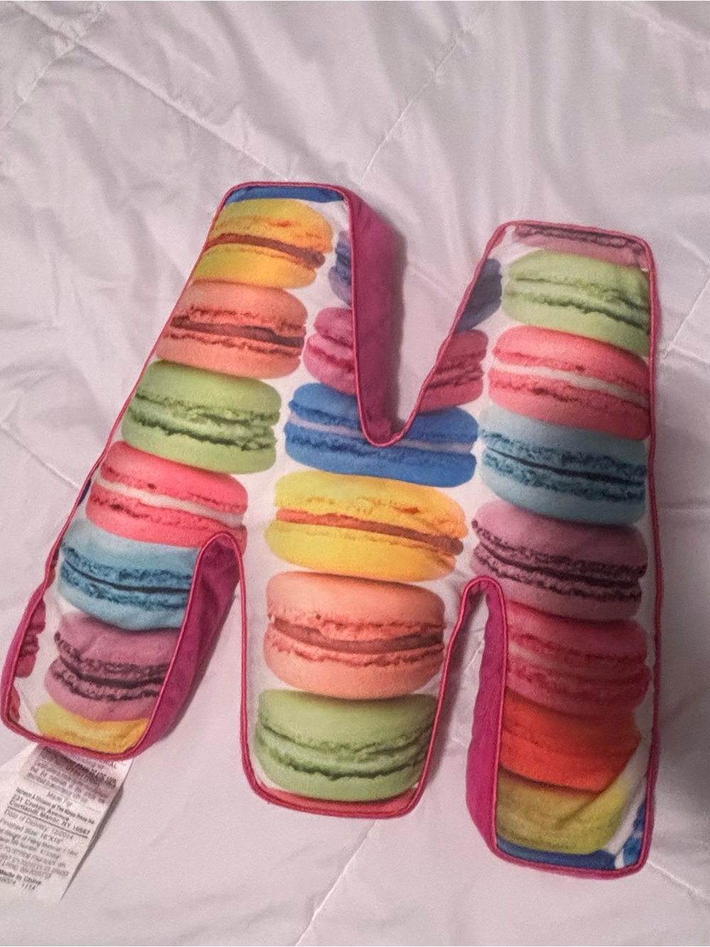 Obermeyer Macaron-Print Letter M Pillow in Pink Trim